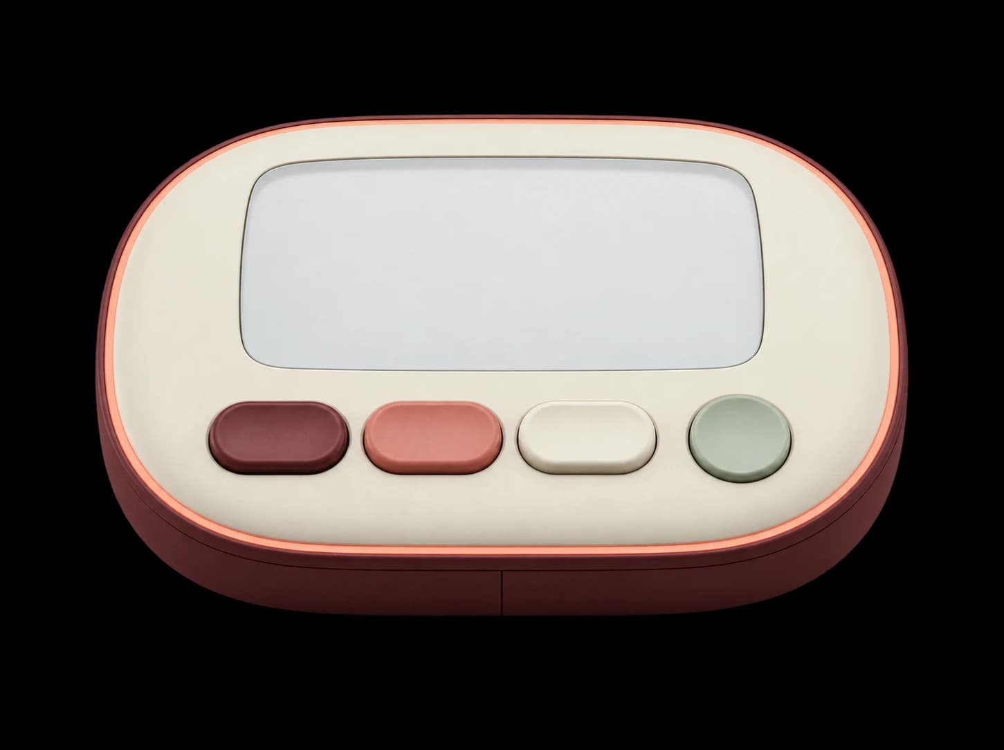 Front concept view of OfRoot Companion, with an ivory shell, burgundy base, three response controls and a separate microphone control