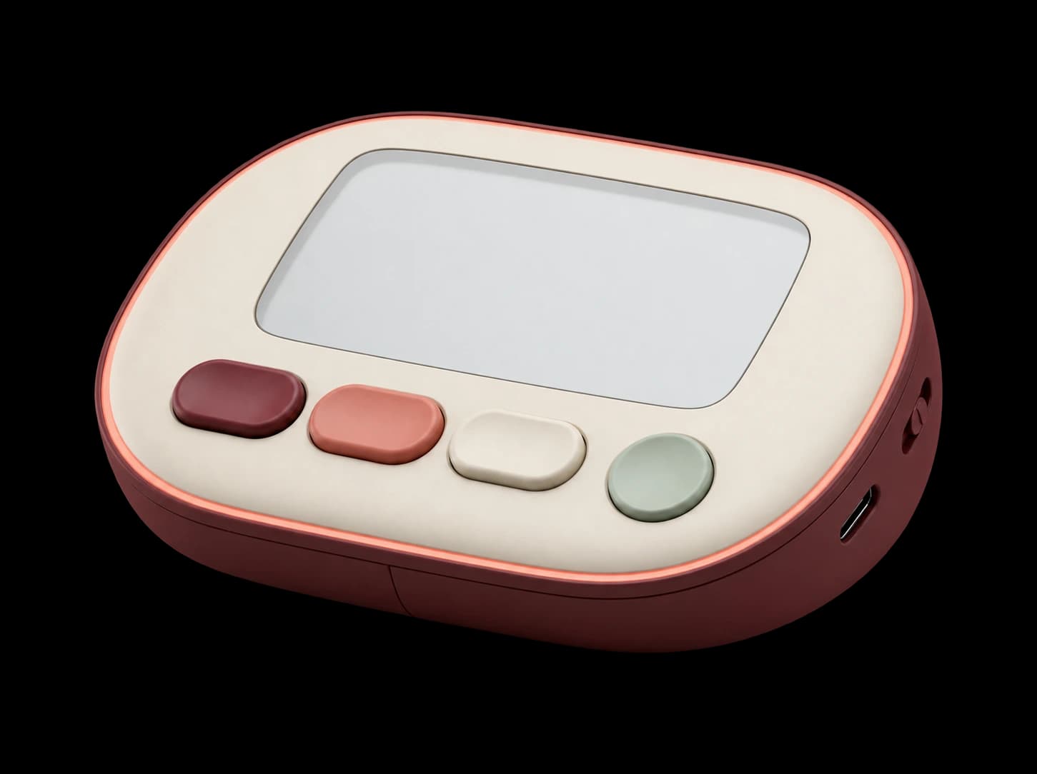 Three-quarter concept view of the low tabletop OfRoot Companion with its coral light, reminder display and tactile controls