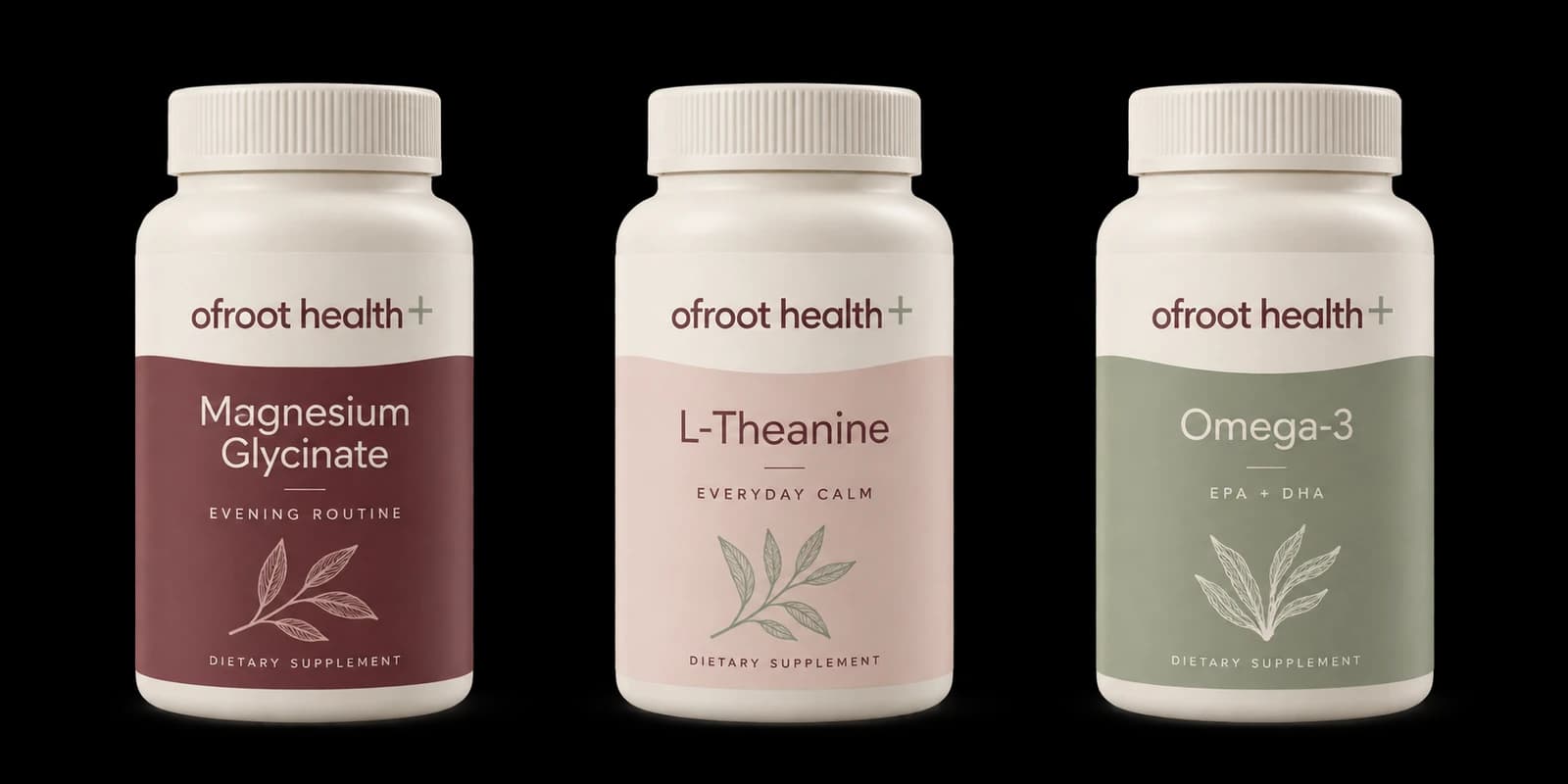 Three proposed OfRoot supplement bottles: Magnesium Glycinate, L-Theanine, and Omega-3. Packaging concepts.